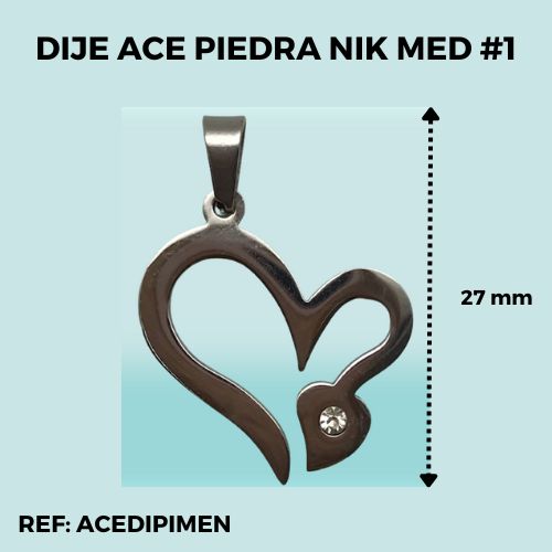 DIJE CORAZÓN ACERO PIEDRA BRILLANTE NIKEL #01 (POR UNIDAD)